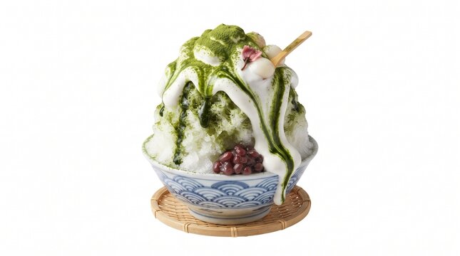 Front view of Japanese matcha Kakigori with espuma foam isolated on pure white background, no shadow.