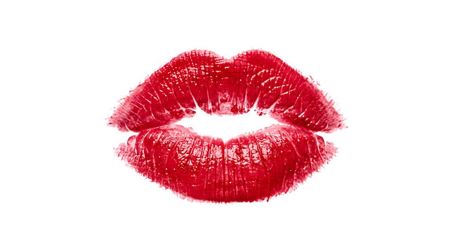 A bright red lipstick kiss mark showing texture and detail of human lips presented as an isolated on transparent background