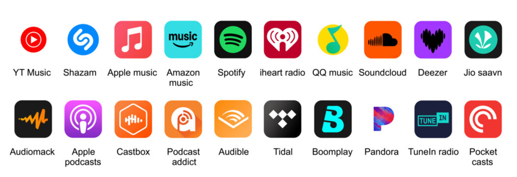 Top 20 podcast and music streaming app icons collection. editorial vector set 2026
