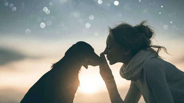 Woman and dog touching noses at sunset, sharing a loving bond under a bokeh sky full of light