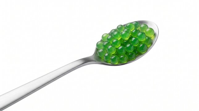 45 degree view of molecular gastronomy green apple caviar on spoon isolated on pure white background.