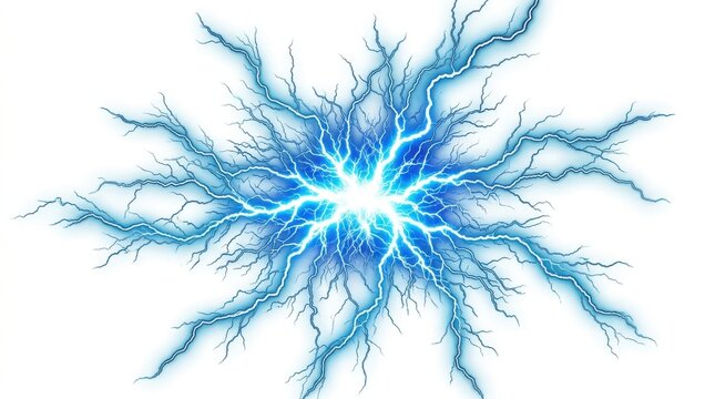 Bright blue lightning bolt shock effect radiating from the center like a star pattern isolated on a white background isolated on white background