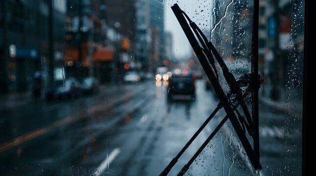 Raindrops on bus window with windshield wiper on city street during storm