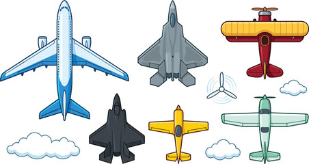 Aircraft Collection with Passenger Airliner Fighter Jet Biplane Propeller Plane Private Airplane and Aviation Vector Illustration Set © MstBobita