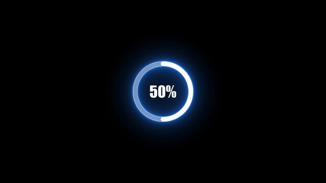 Complete 100 percent loading represented by a bright blue neon circular progress bar on black percentage