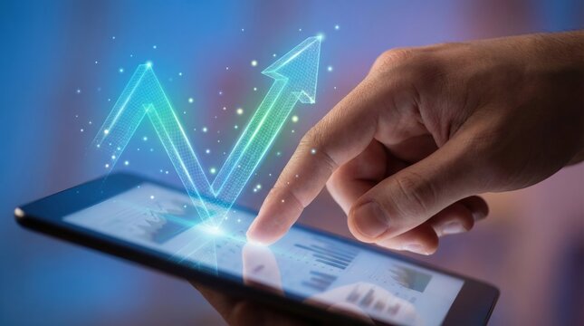 AI employment collaboration training reskill upskill productivity concept with hand touching digital tablet and arrow graph