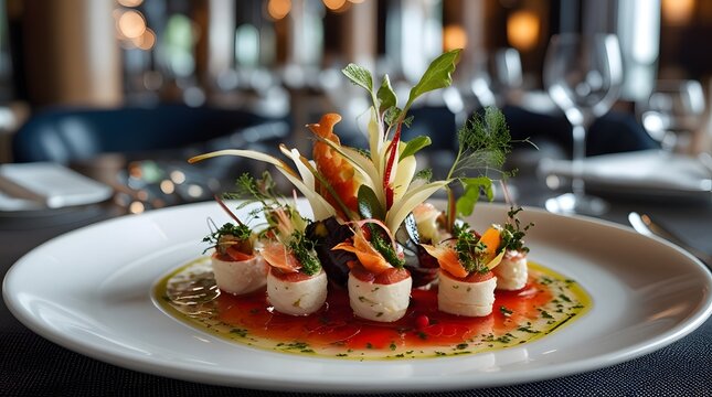 beauty of a gourmet hors d'oeuvre on a pristine white plate in a sophisticated restaurant setting. The focal point of the image is a meticulously crafted appetizer