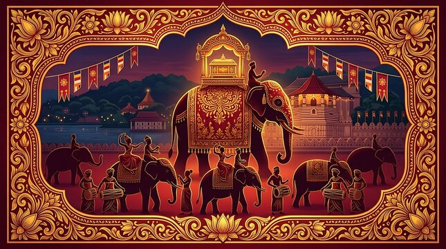 Traditional cultural festival parade with decorated elephants at night