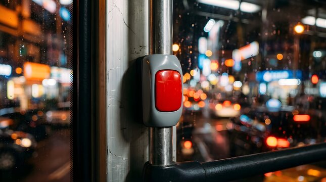 Red stop button on a city bus pole with blurred urban night lights