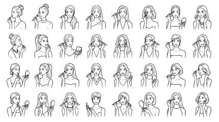 Naklejka premium Elegant Woman Applying Makeup Black Line Drawing Vector Set for Beauty Editorial