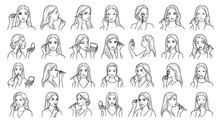 Fototapeta premium Black Line Art Women Applying Makeup Vector Set for Beauty Magazine and Cosmetic Design