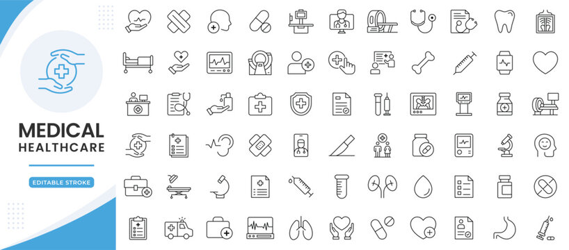 Medical icon set for healthcare and medicare services vector illustration. Editable stroke