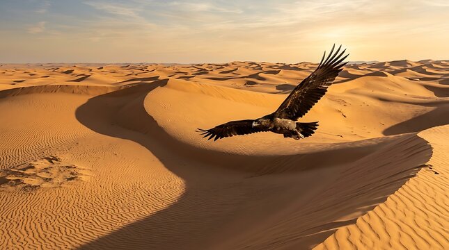 Wild bird of prey soaring above vast desert dunes at sunset