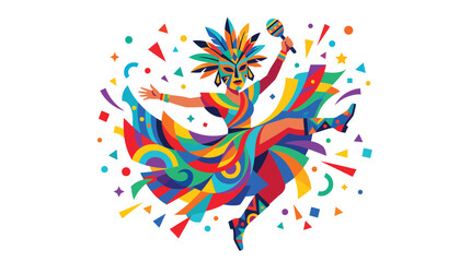 Obraz premium Colorful Brazilian Samba Carnival Dancer in Feathered Mask Costume Dancing with Maraca