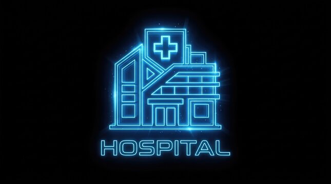 Glowing Blue Neon Hospital Icon with Cross Symbol and Text