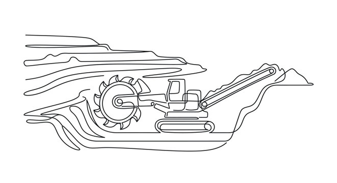 Continuous line drawing of a bucket wheel excavator mining in an open pit quarry.