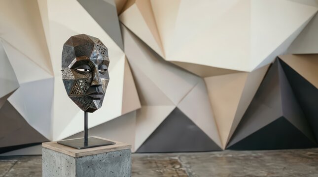 Abstract Geometric Sculpture of a Human Face on Display