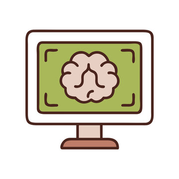 Computer monitor with brain scan vector icon illustration, diagnostic symbol.