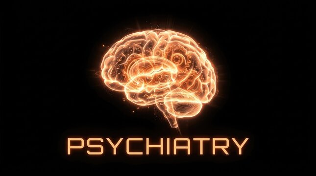 Psychiatry concept image with a glowing brain and mechanical gears on a black background.