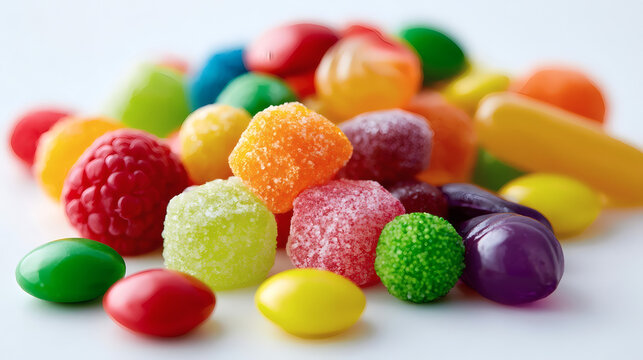Assorted colorful candies and jelly sweets close up on a white background. Vibrant sugar-coated treats perfect for advertising, packaging, or festive designs.