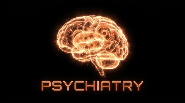 Psychiatry concept with a glowing brain and mechanical gears representing mental health.