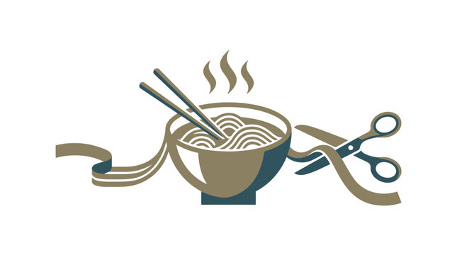 Creative Ramen Bowl Concept with Scissors and Ribbon Illustration