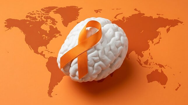 Human brain model with an orange awareness ribbon on a world map background for world spine day