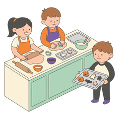 Cute children baking Halloween cookies in kitchen with rolling pin and baking tray vector illustration