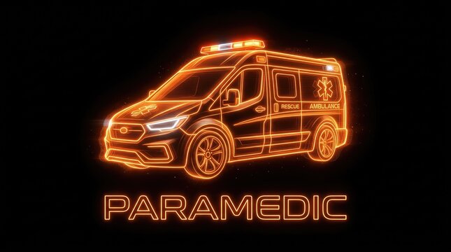 Digital Paramedic Ambulance in Neon Hologram Style. Futuristic Emergency Vehicle on Dark Background.