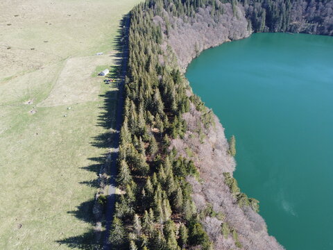 Aerial view of Lac Pavin, a volcanic crater lake with deep green water, bordered by dense coniferous forest and grassy fields in Besse-et-Saint-Anastaise, Auvergne-Rhone-Alpes, France.