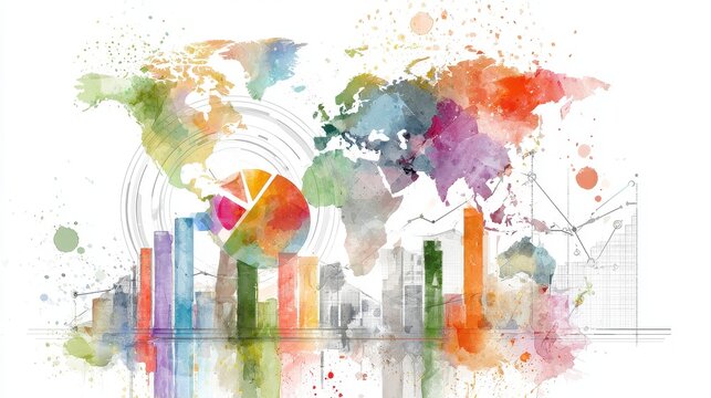 Artistic watercolor corporate performance infographic blending colorful business columns pie charts world geography optimistic financial trends and minimal white background.