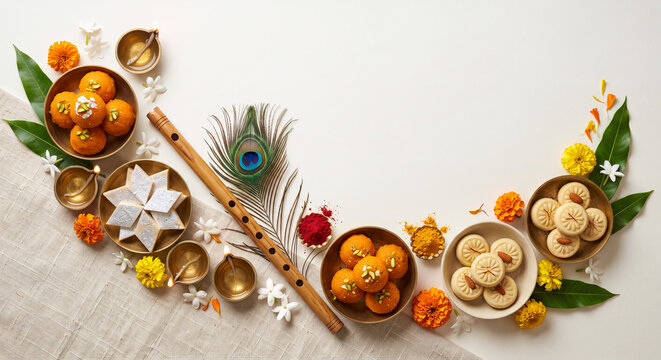 Krishna Janmashtami festival composition with traditional Indian sweets, bansuri, peacock feather, and copy space.