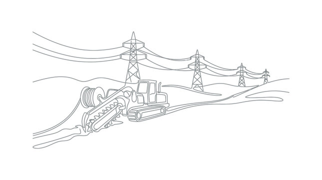 Continuous line drawing of a heavy duty trencher machine digging a trench in the ground.