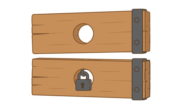 A rustic wooden pillory with neck and arm holes and iron hinges, isolated on white, historical punishment concept