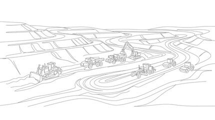 Obraz premium Line art illustration of heavy construction machinery working on a large site.