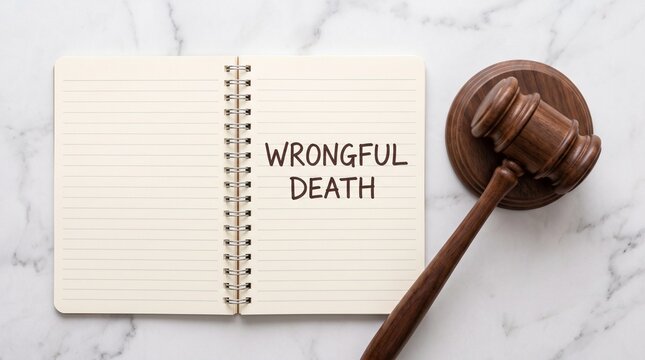 Wrongful death legal concept on notebook, judge gavel and wooden mallet on marble background, law and justice litigation concept