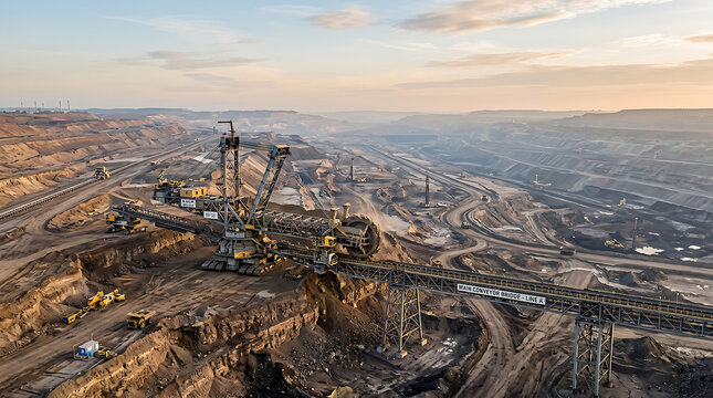 Aerial view of a large open pit coal mining operation.