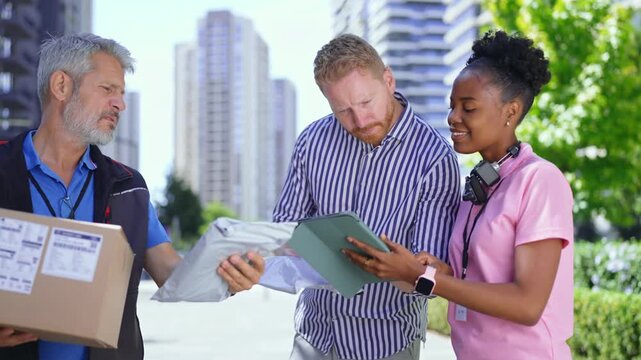 A delivery worker hands a package to a customer in a city. They discuss the delivery while another worker checks details on a tablet. Tall buildings are in the background.