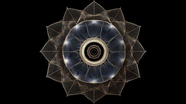 Modern Abstract Golden Wireframe Lotus Mandala on Black Background for Contemporary Diwali Festival Designs