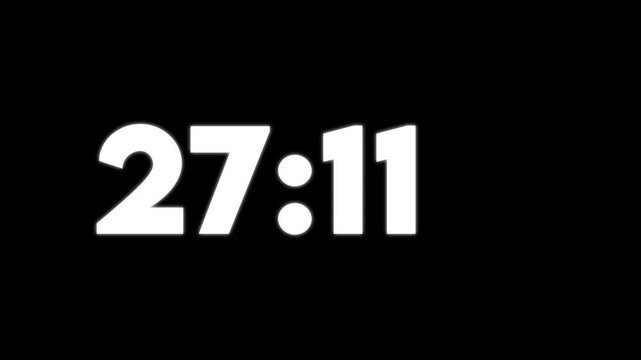 White digital clock digits showing twenty eight minutes and eleven seconds on a black background