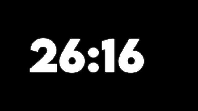 Bright white digital clock numbers indicating twenty seven minutes and fourteen seconds on black