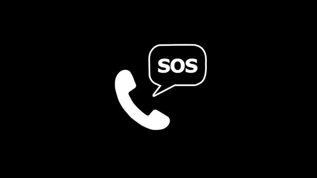 SOS Emergency Phone Call Icon Line Art Animation Speech Bubble Help Signal Loop Isolated on black Background Motion Graphic