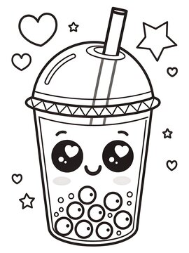 Cute cartoon bubble tea cup with happy face and straw