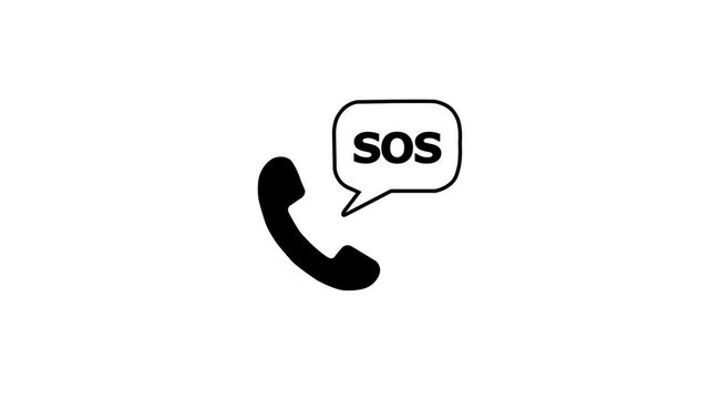 SOS Emergency Phone Call Icon Line Art Animation Speech Bubble Help Signal Loop Isolated on black Background Motion Graphic