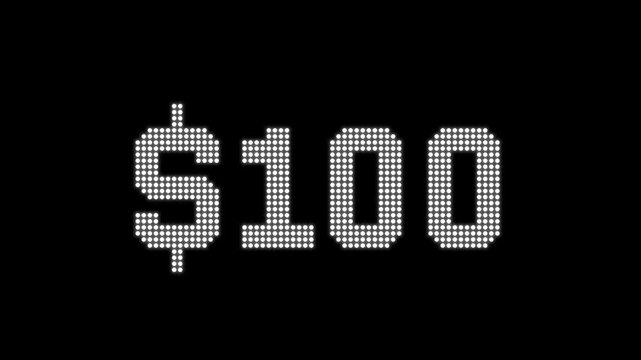 Digital dot matrix style dollar sign and fifty nine digits on a black background for tech display