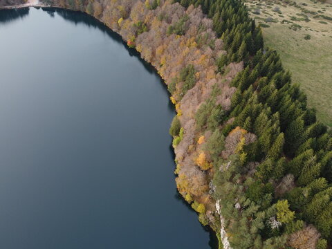 Aerial view of Lac Pavin surrounded by dense coniferous and deciduous forests with autumn foliage colors along the shoreline in Besse-et-Saint-Anastaise, Auvergne-Rhone-Alpes, France.