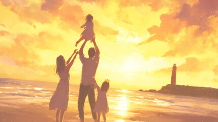 Fototapeta premium Happy Family Playing on the Sunset Beach