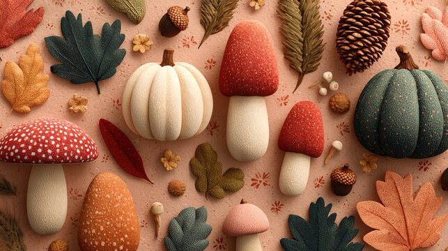 Cute fall background with scattered pumpkins, colorful autumn leaves, acorns, pinecones, and tiny mushrooms on warm textured surfaces forming a cozy whimsical seasonal digital illustration.