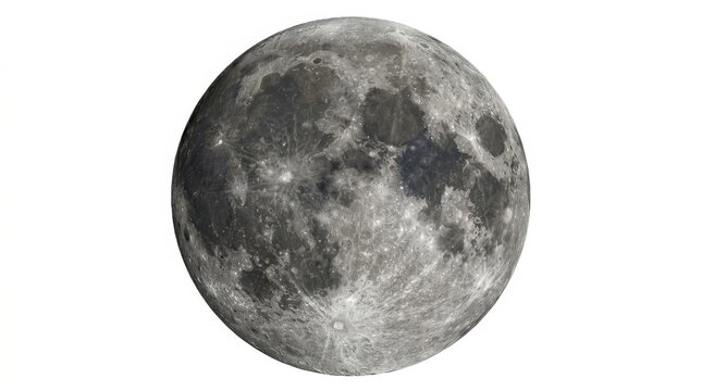 Full moon isolated on a white background showing detailed lunar surface craters and realistic gray texture in high detail isolated on white background