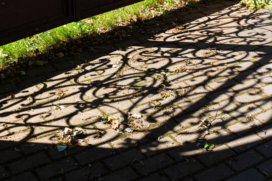 Intricate shadows cast by ornate wrought iron fence falling onto textured paved stone path on a sunny day with natural light highlights and soft abstract patterns across ground